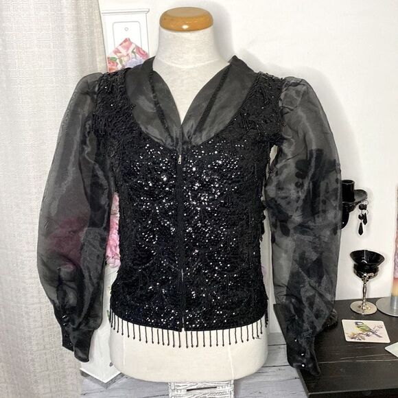 🌹 Gorgeous 100% Wool Vintage Sheer Puffed Sleeve Sequin Beaded Jacket 🌹 - Picture 2 of 10